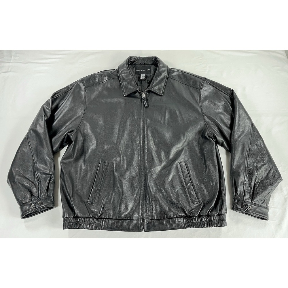 Vintage Croft Barrow Black Leather Bomber‎ Jacket Mens 2XL Tall XXLT Lined 90s